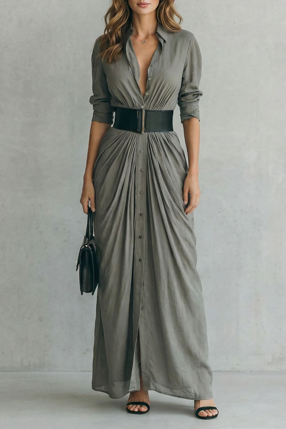 Solenzia | Buttoned Draped Maxi Dress