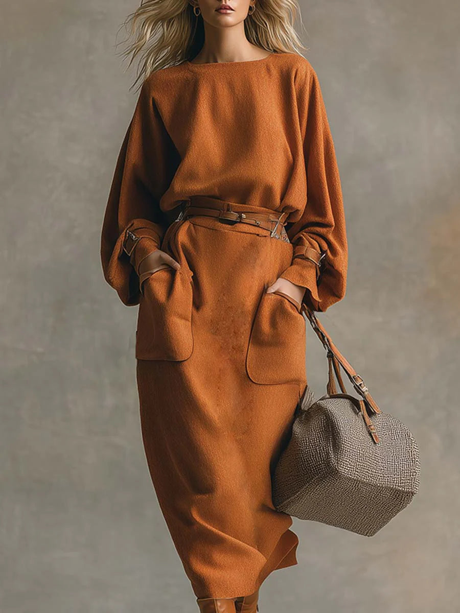 Orange Crew Neck Top and Pocket Maxi Skirt Suede Set