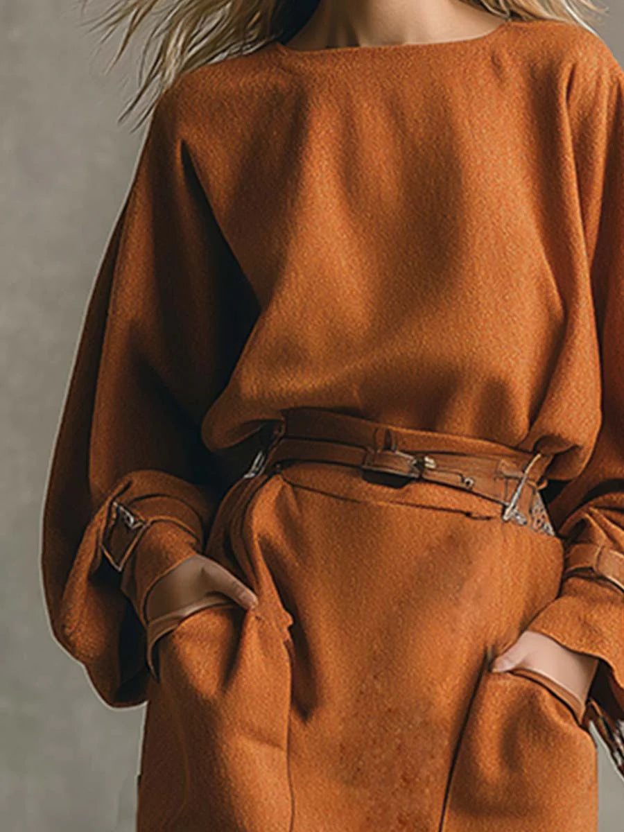 Orange Crew Neck Top and Pocket Maxi Skirt Suede Set