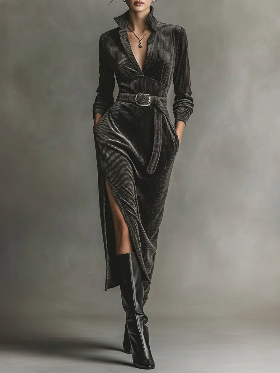 Elegant Corduroy Dress with Tie Neck and Side Slits