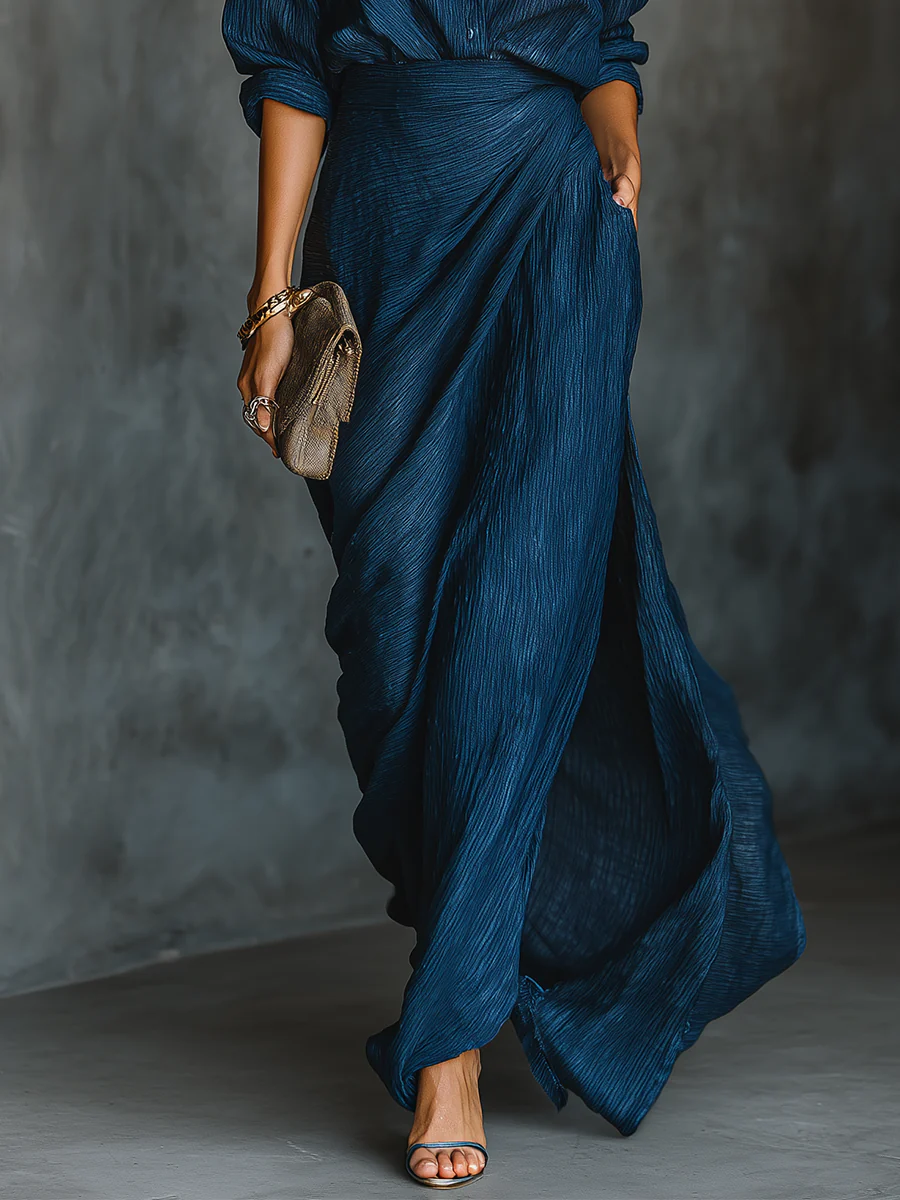 Elegant Dark Blue Long Skirt Set