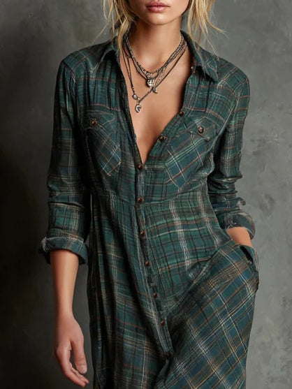 Savannah | Green Plaid Button-Down Western Dress