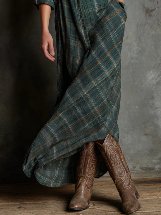 Savannah | Green Plaid Button-Down Western Dress