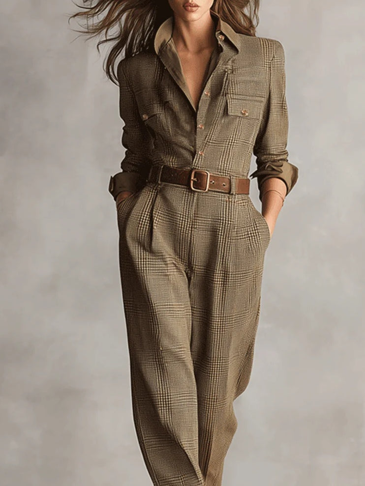 Sophisticated Tweed Texture Plaid Utility Jumpsuit