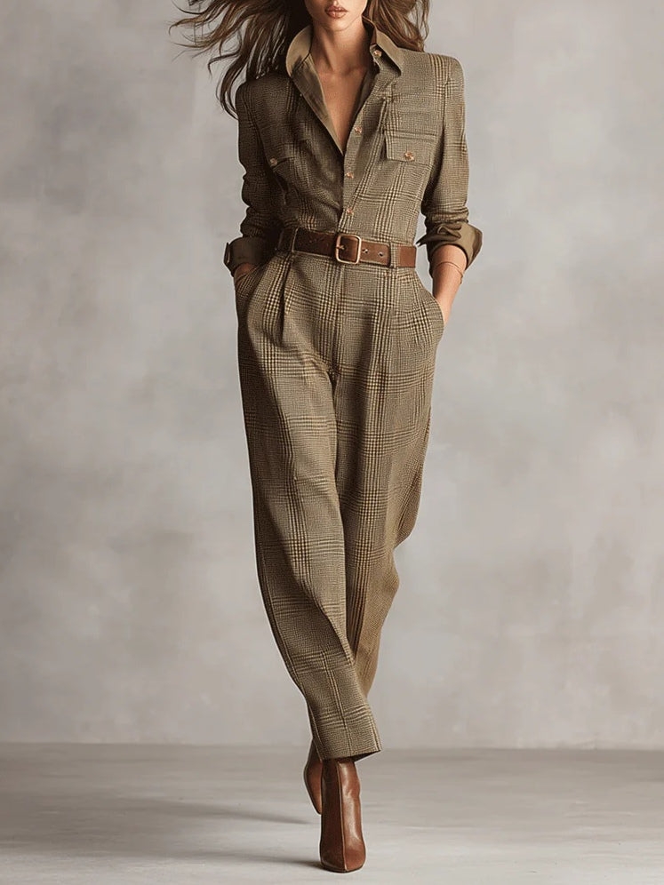 Sophisticated Tweed Texture Plaid Utility Jumpsuit