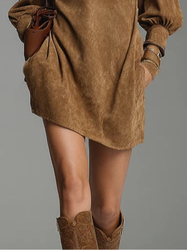 Brown Loose Suede Zipper Turtleneck Mini Dress