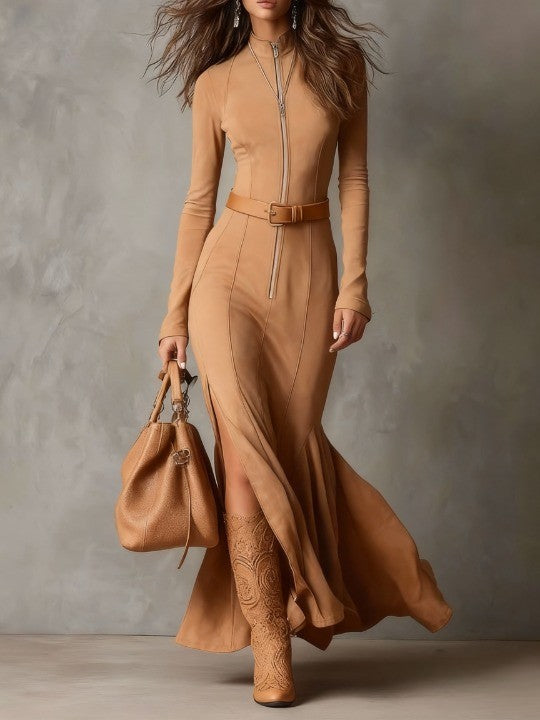 Vintage Brown Zipper Belted Maxi Dress