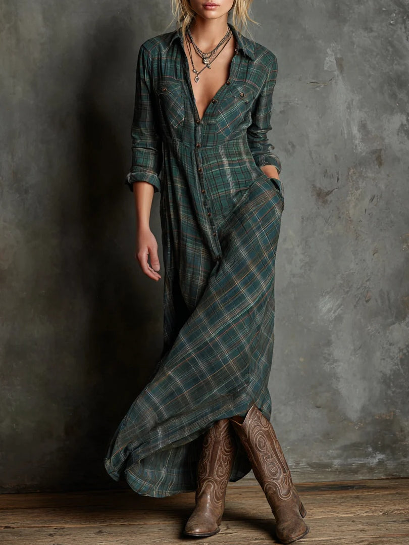 Savannah | Green Plaid Button-Down Western Dress