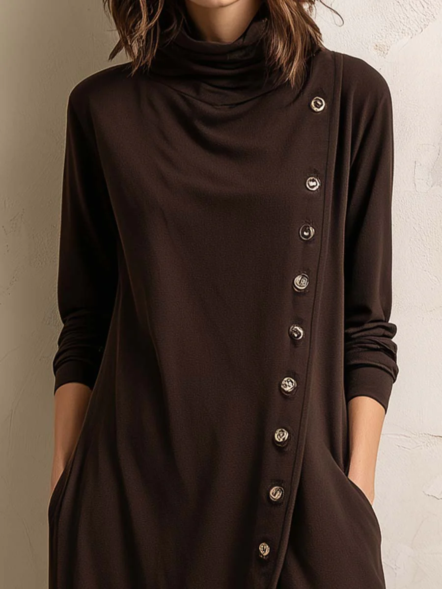 Dark Brown Bohemian Turtleneck Side Button Placket Midi Dress