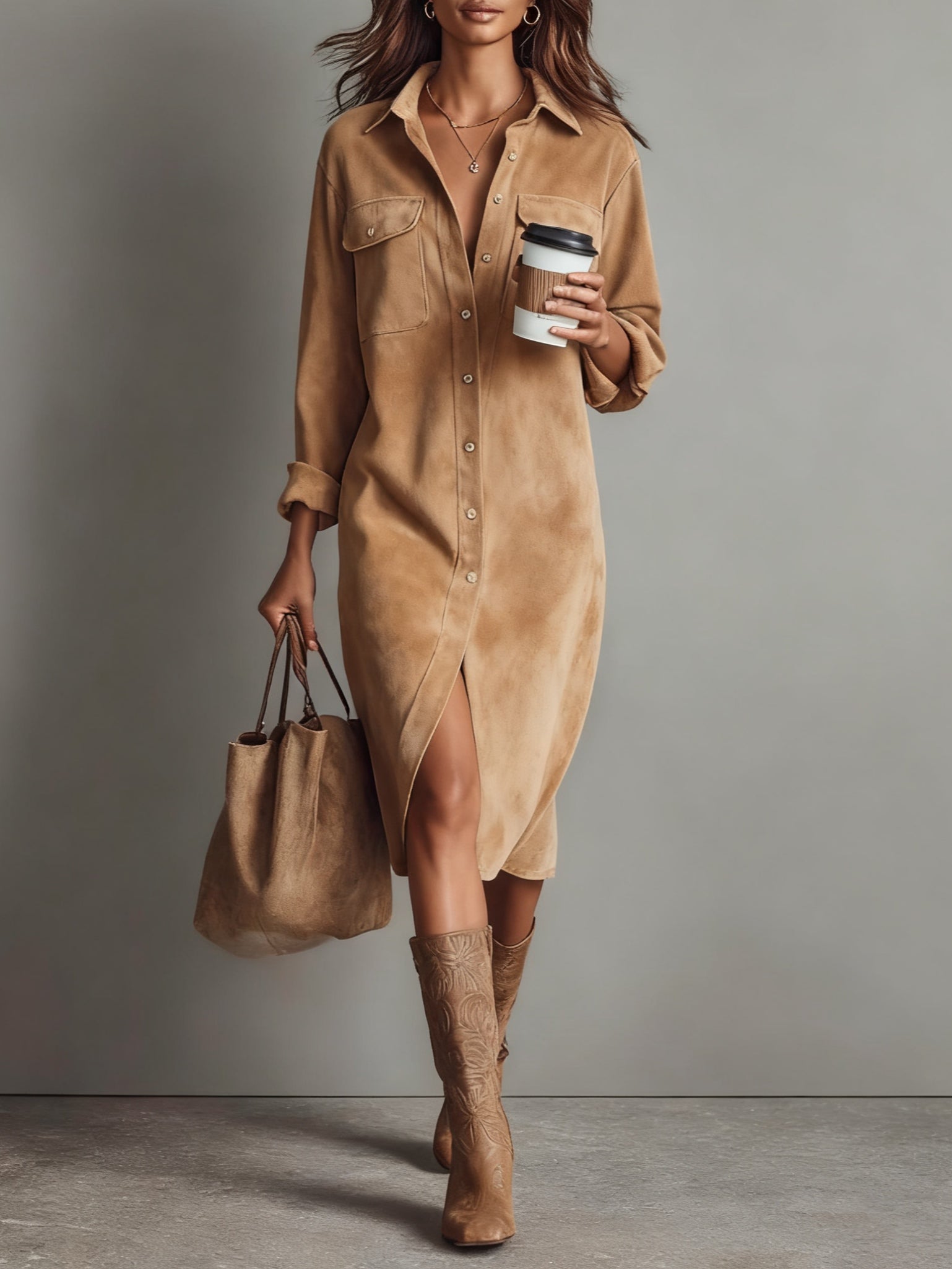 Brown Loose Faux Suede Double Chest Pocket Single-Breasted Midi Dress
