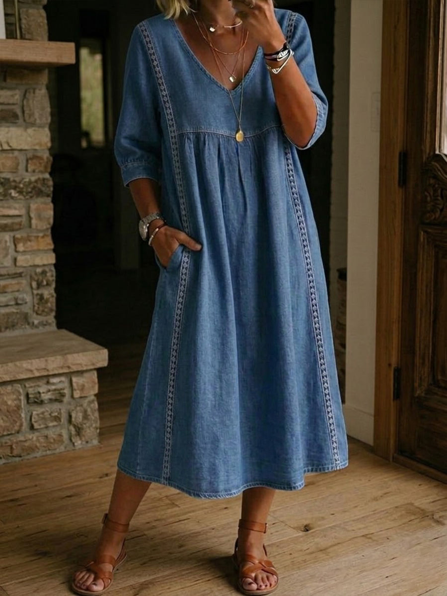 Marielle™ | Elegant Lace Trim Denim Dress